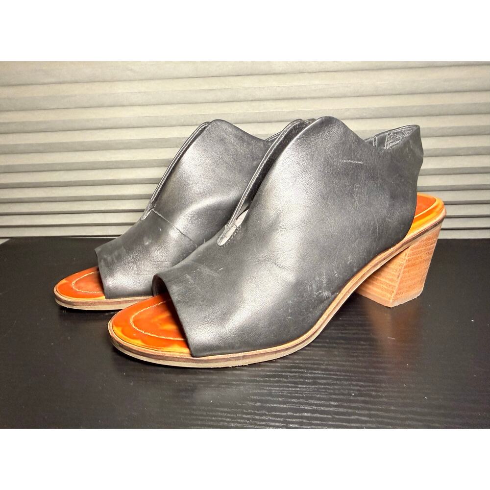 Lucky Brand Leather Mule Heels Womens Size 8 Black Peep Toe Block Heel Slingback
